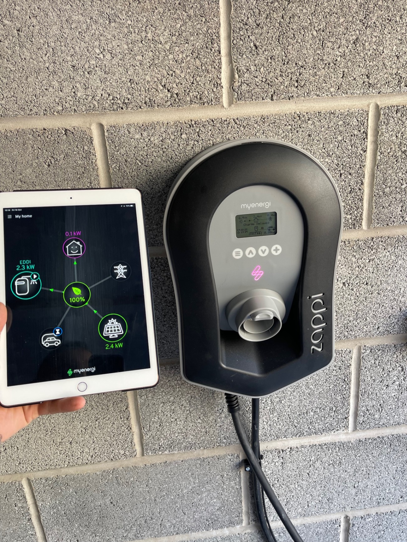 myenergi Zappi EV charger paired with solar generation, monitored via app